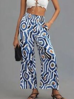 Maeve Saria Smocked Blue Geometric Wide-Leg Pants